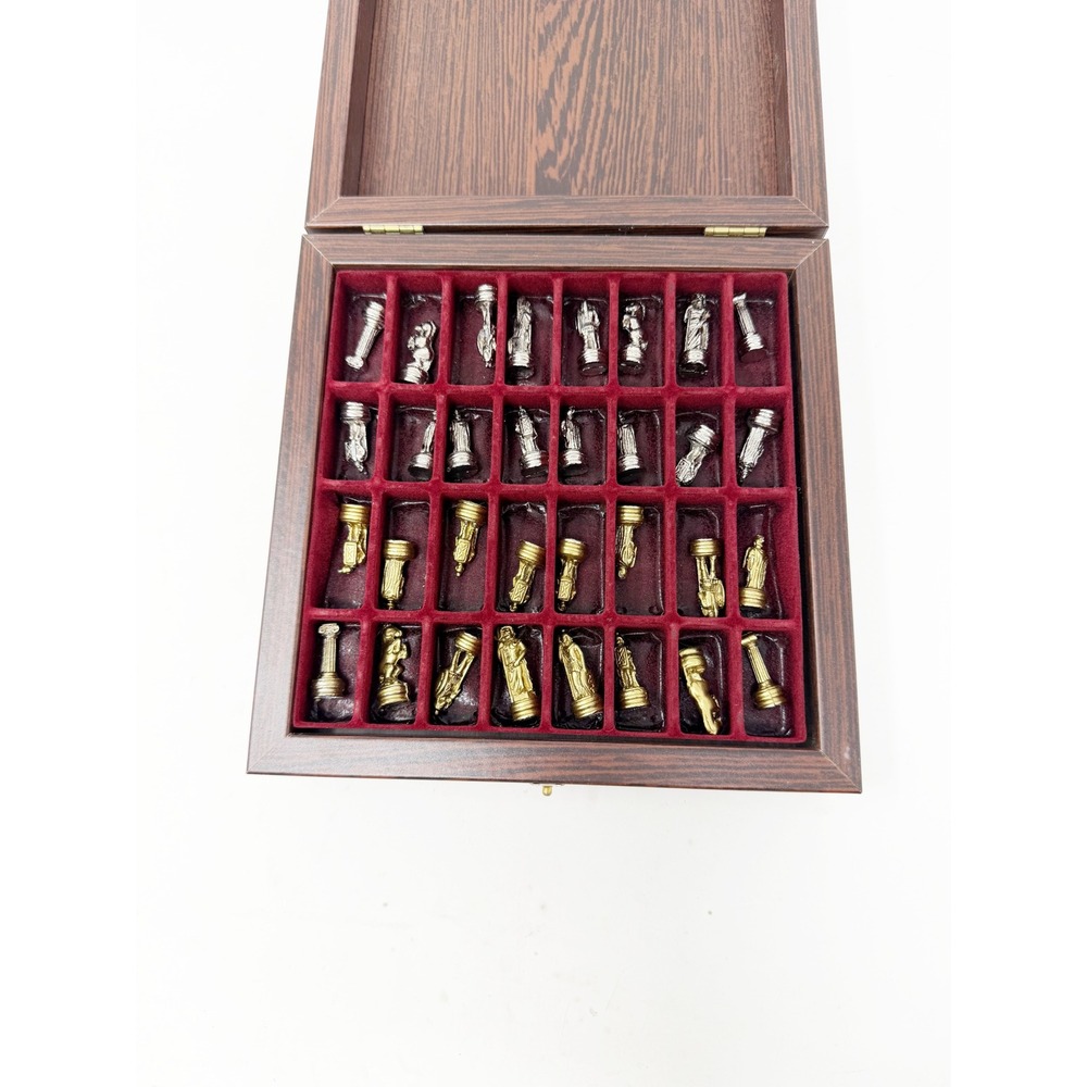 Manopoulos Handcrafted Greek Chess Set Red Gold Board Wood Case Metallic Pieces